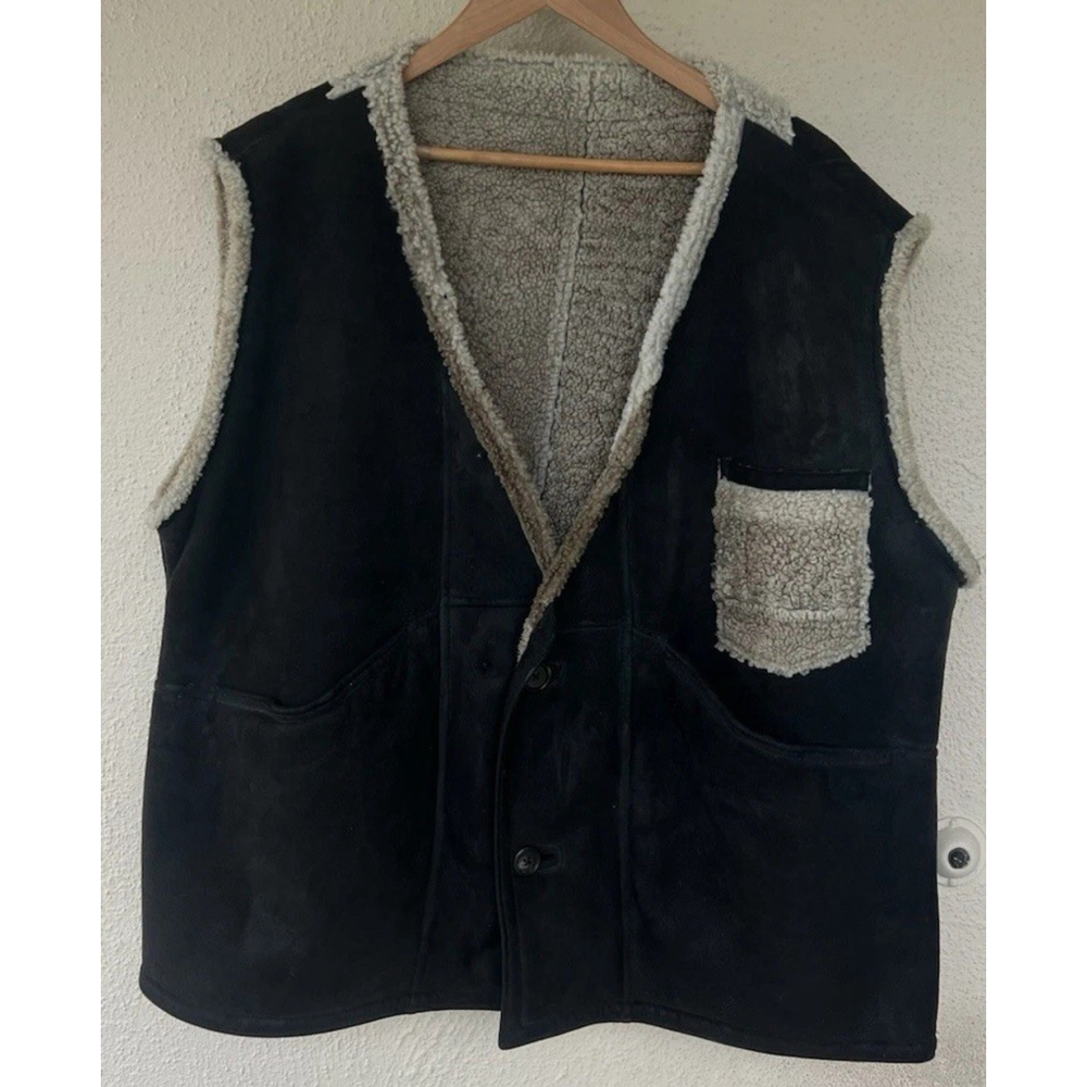 VTG 80s Sawyer of Napa Shearling Suede Vest Black Distressed Finish Western L